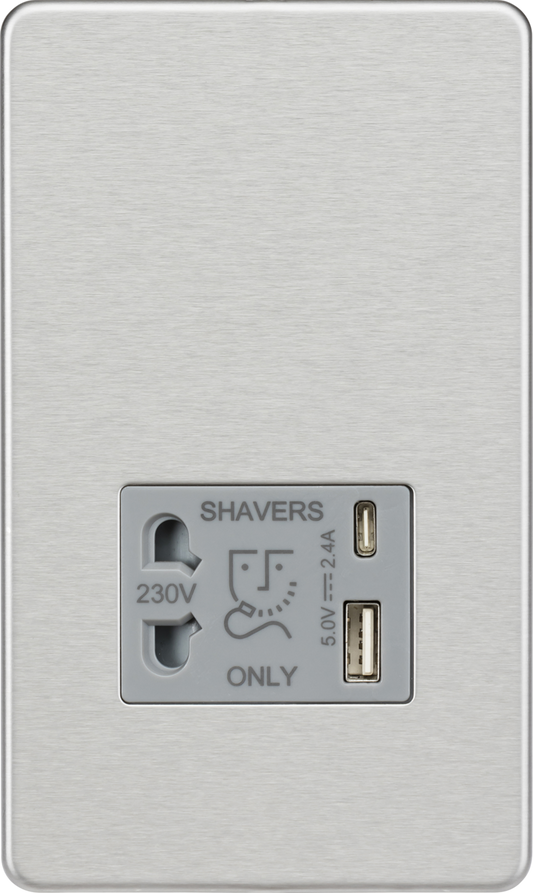 Knightsbridge SF8909BCG Dual Voltage 115/230V 20VA Shaver Socket with USB Insert Brushed Chrome Grey