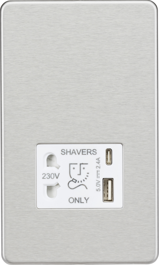 Knightsbridge SF8909BCW Dual Voltage 115/230V 20VA Shaver Socket with USB Insert Brushed Chrome Whit