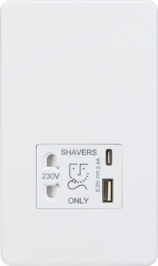 Knightsbridge SF8909MW Dual Voltage 115/230V 20VA Shaver Socket with USB Matt White