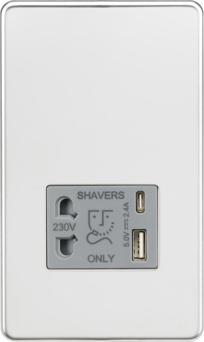 Knight Drive Socket Knightsbridge SF8909PCG Shaver Socket with USB Polished Chrome Grey ...