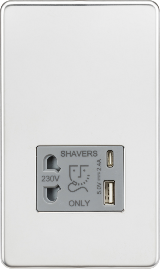 Knightsbridge SF8909PCG Dual Voltage 115/230V 20VA Shaver Socket with USB Insert Polished Chrome Gre