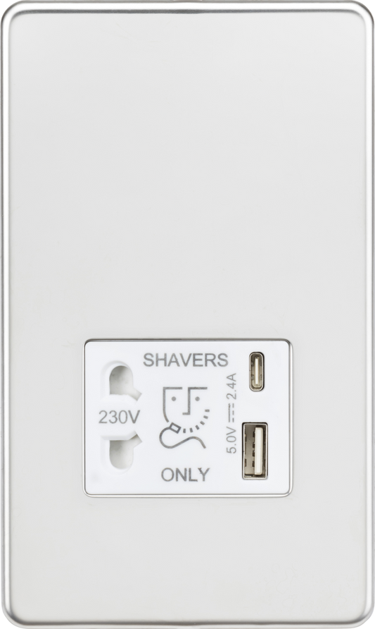 Knightsbridge SF8909PCW Dual Voltage 115/230V 20VA Shaver Socket with USB Insert Polished Chrome Whi