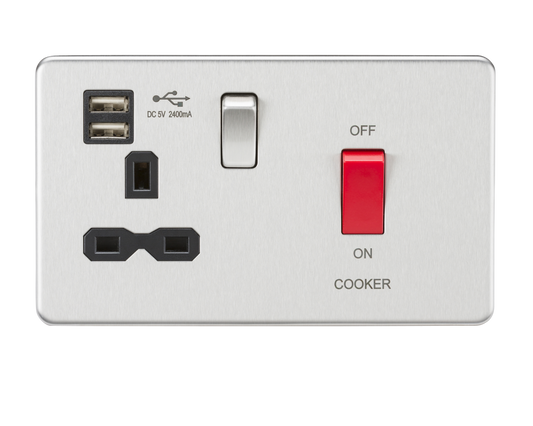 Knightsbridge SFR83UMBC 2 Gang 45A DP Cooker Control Unit with USB Brushed Chrome Black Insert