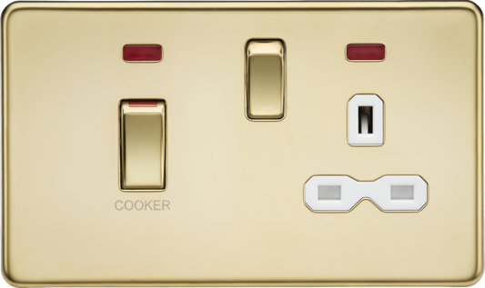 Knightsbridge SFR83MNPBW 2 Gang 45A DP Cooker Control Unit with Neon Polished Brass White Insert