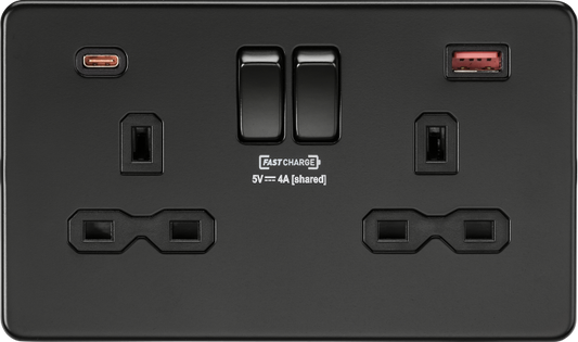Knightsbridge SFR9909MBB 2 Gang 13A DP Type A + C 1.5A (12VDC) USB Socket Matt Black