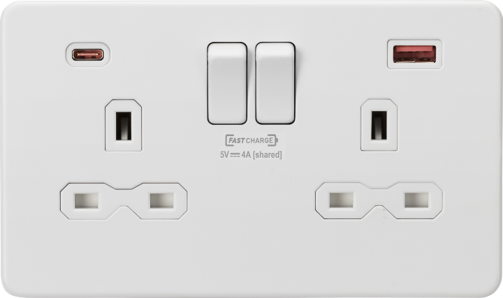 Knightsbridge SFR9909MW 2 Gang 13A DP Type A + C 1.5A (12VDC) USB Socket Matt White