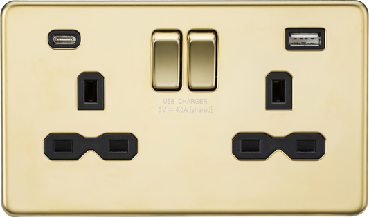 Knightsbridge SFR9940PB 2 Gang 13A Type A + C 4A (5VDC) USB Socket Polished Brass Black Insert