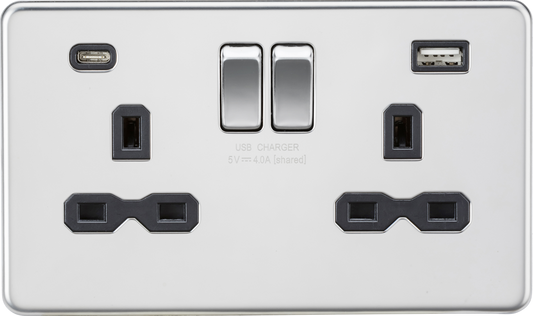 Knightsbridge SFR9940PC 2 Gang 13A Type A + C 4A (5VDC) USB Socket Polished Chrome Black Insert