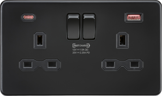 Knightsbridge SFR9945MBB 2 Gang 13A DP Switched A+C Fast Charge USB Socket Matt Black