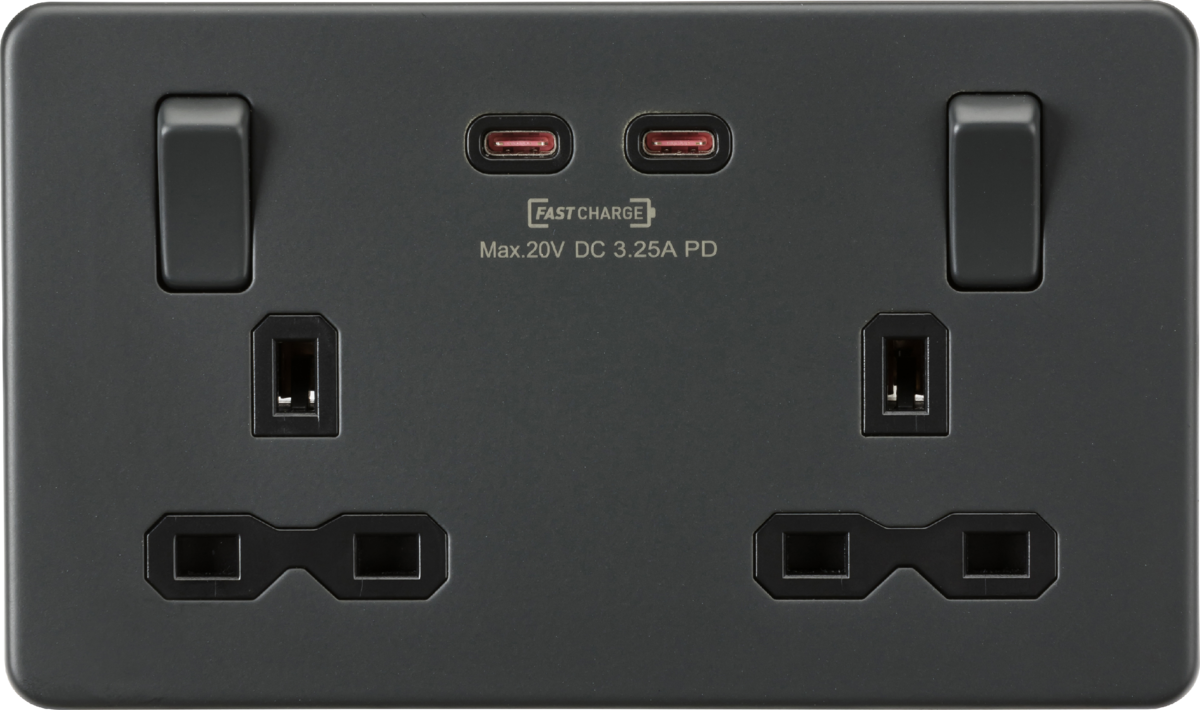 Knightsbridge SFR9965AT 2 Gang 13A DP Switched Socket with Dual Type C USB (65W FastCharge) Anthracite