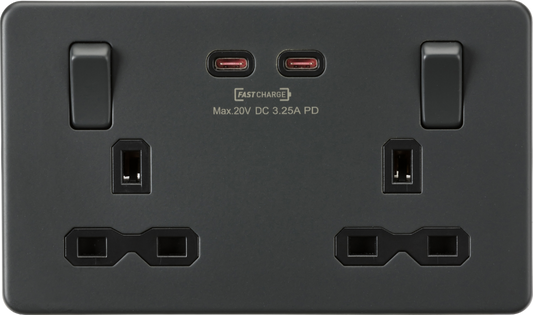 Knightsbridge SFR9965AT 2 Gang 13A DP Switched Socket with Dual Type C USB (65W FastCharge) Anthracite