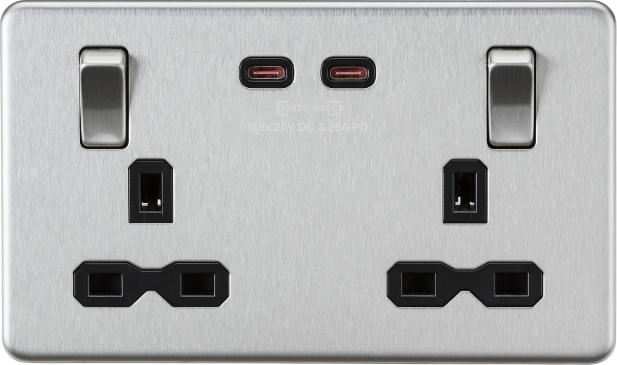 Knightsbridge SFR9965BC 2 Gang 13A DP Switched Socket with Dual Type C USB (65W FastCharge) Brushed Chrome