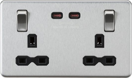 Knightsbridge SFR9965BC 2 Gang 13A DP Switched Socket with Dual Type C USB (65W FastCharge) Brushed Chrome