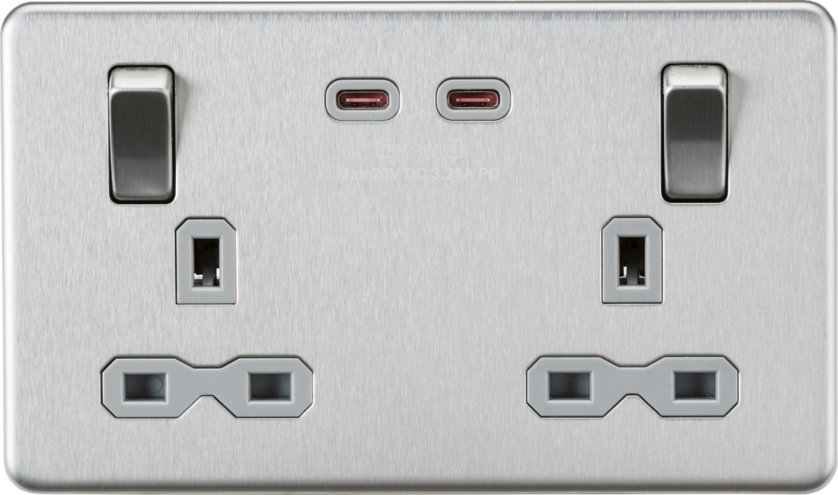 Knightsbridge SFR9965BCG 2 Gang 13A DP Switched Socket with Dual Type C USB (65W FastCharge) Brushed Chrome