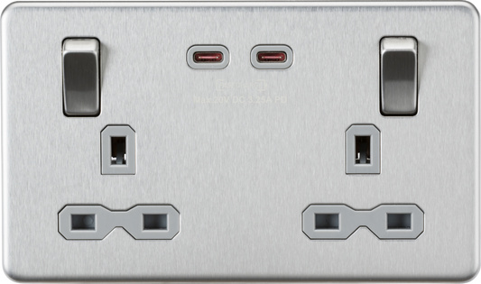 Knightsbridge SFR9965BCG 2 Gang 13A DP Switched Socket with Dual Type C USB (65W FastCharge) Brushed Chrome