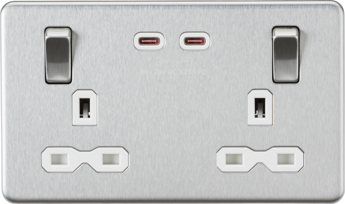 Knightsbridge SFR9965BCW 2 Gang 13A DP Switched Socket with Dual Type C USB (65W FastCharge) Brushed Chrome