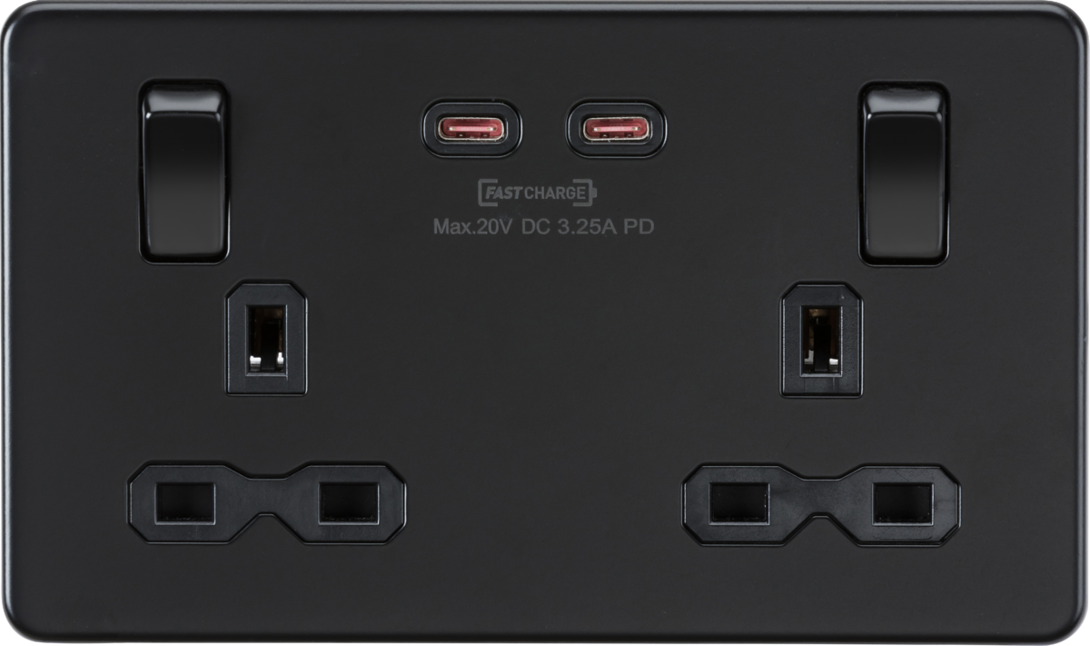 Knightsbridge SFR9965MBB 2 Gang 13A DP Switched Socket with Dual Type C USB (65W FastCharge) Matt Black