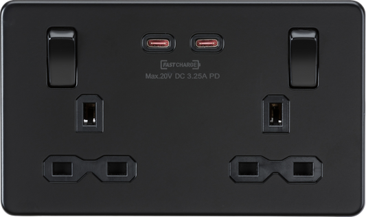 Knightsbridge SFR9965MBB 2 Gang 13A DP Switched Socket with Dual Type C USB (65W FastCharge) Matt Black