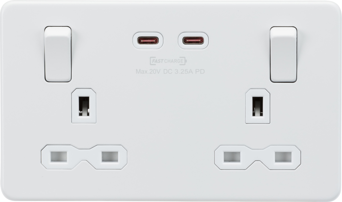 Knightsbridge SFR9965MW 2 Gang 13A DP Switched Socket with Dual Type C USB (65W FastCharge) Matt White