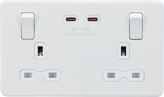 Knightsbridge SFR9965MW 2 Gang 13A DP Switched Socket with Dual Type C USB (65W FastCharge) Matt White