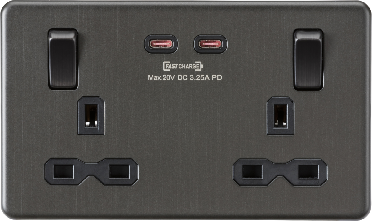 Knightsbridge SFR9965SB 2 Gang 13A DP Switched Socket with Dual Type C USB (65W FastCharge) Smoked Bronze