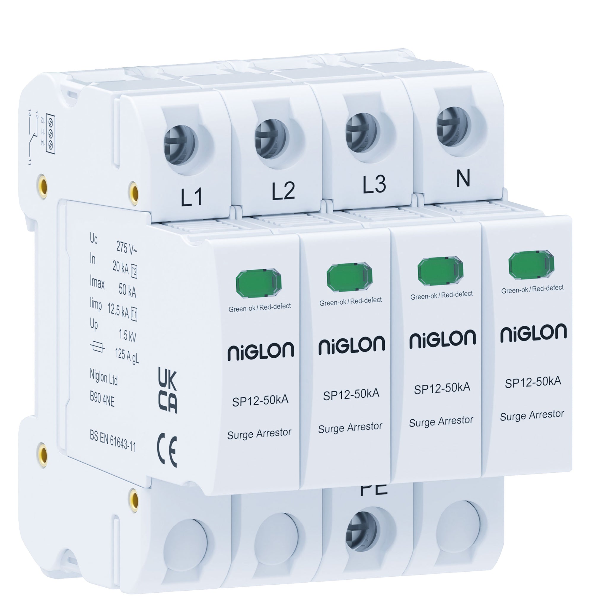 Niglon SP12S-3PN/50KA Type 1+2 3P+N Surge Protection Device 275V