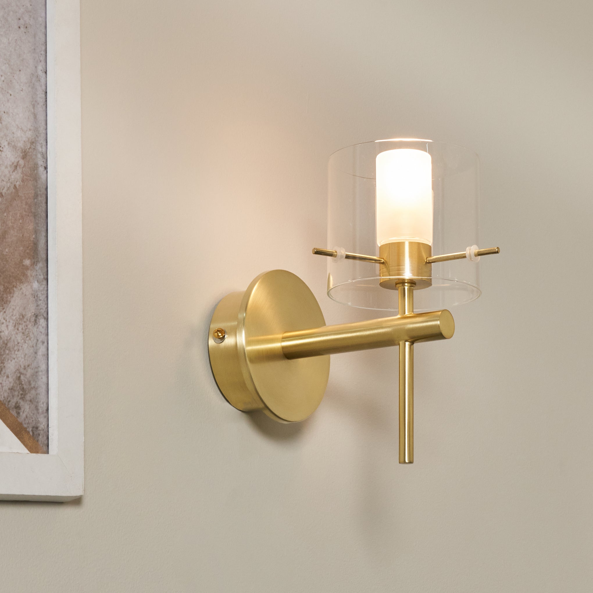 Forum SPA-31725-SBRS Gene G9 Wall Light with Glass Cylinder Shade IP44 Satin Brass