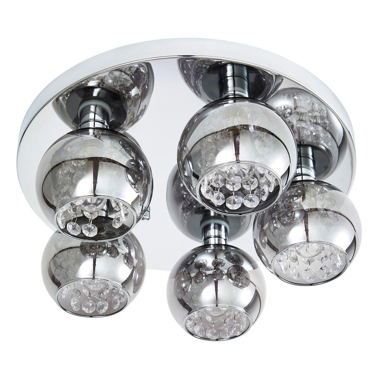 Forum SPA-35841-SMK Megara 5 x G9 Ceiling Light with Crystal Droplets and Smoked Glass Shades IP44 Chrome