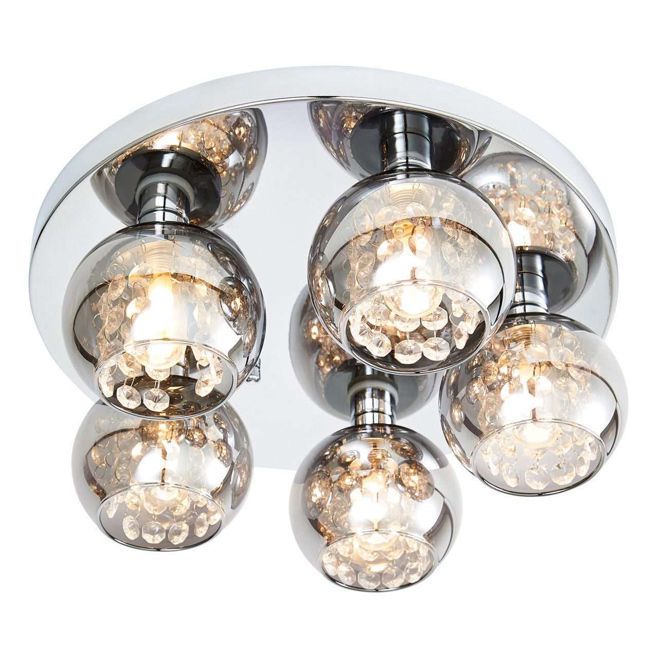 Forum SPA-35841-SMK Megara 5 x G9 Ceiling Light with Crystal Droplets and Smoked Glass Shades IP44 Chrome