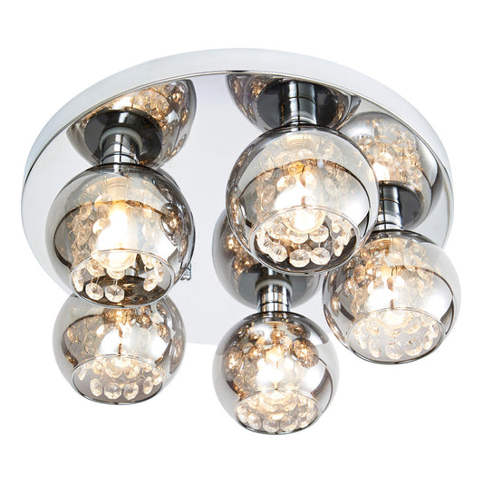 Forum SPA-35841-SMK Megara 5 x G9 Ceiling Light with Crystal Droplets and Smoked Glass Shades IP44 Chrome