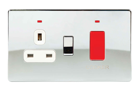 Niglon U-CC45DPN-PCW 2 Gang 45A DP Cooker Control Unit with Neon Polished Chrome White Insert