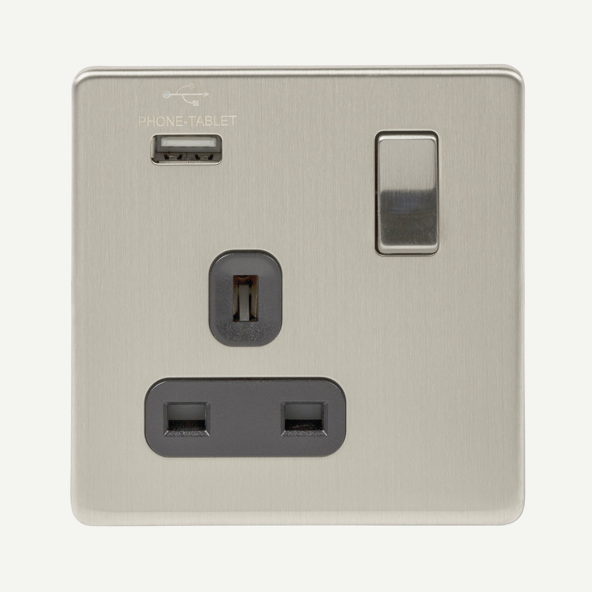 Niglon U-S131USB-BC 1 Gang 13A 2.1A Switched USB Socket Brushed Chrome Black Insert