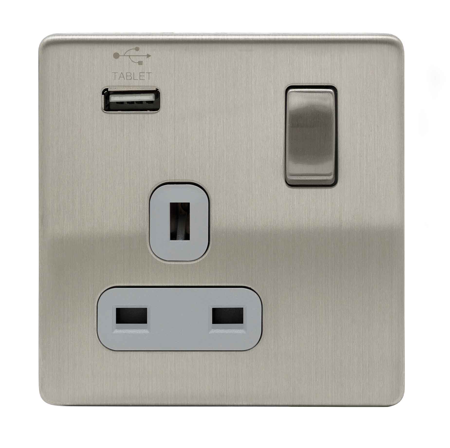 Niglon U-S131USB-BCG 1 Gang 13A 2.1A Switched USB Socket Brushed Chrome Grey Insert