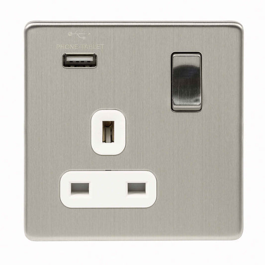 Niglon U-S131USB-BCW 1 Gang 13A 2.1A Switched USB Socket Brushed Chrome White Insert