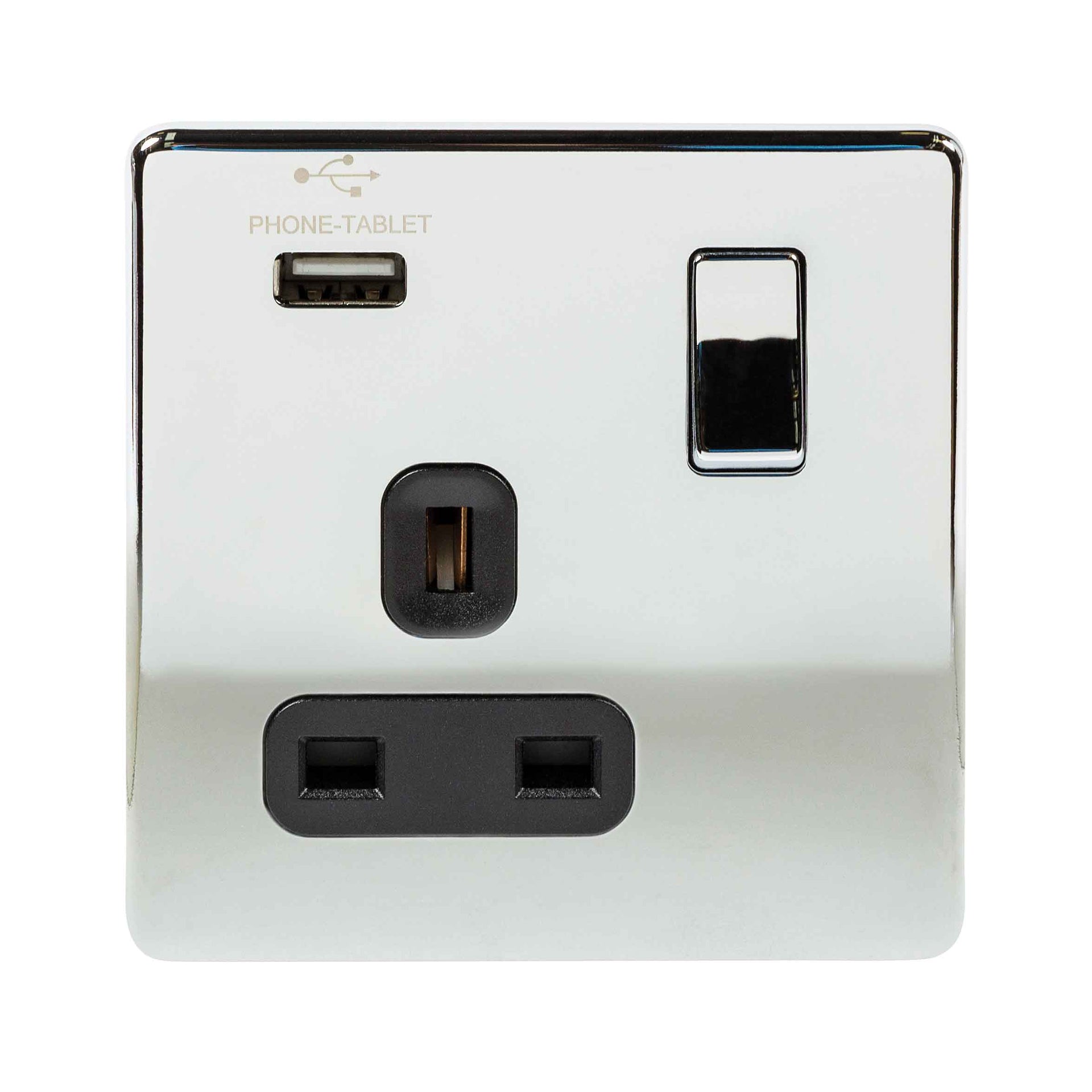 Niglon U-S131USB-PC 1 Gang 13A 2.1A Switched USB Socket Polished Chrome Black Insert