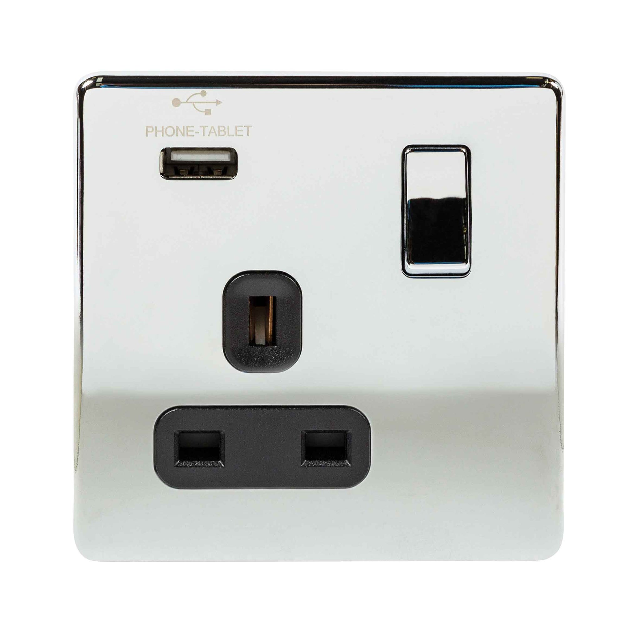 Niglon U-S131USB-PC 1 Gang 13A 2.1A Switched USB Socket Polished Chrome Black Insert
