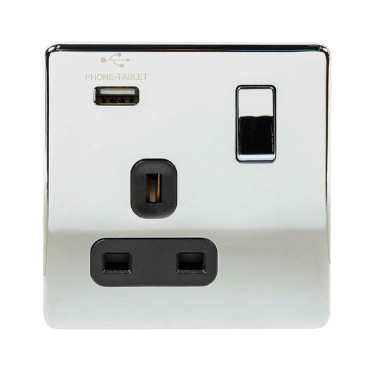 Niglon U-S131USB-PC 1 Gang 13A 2.1A Switched USB Socket Polished Chrome Black Insert