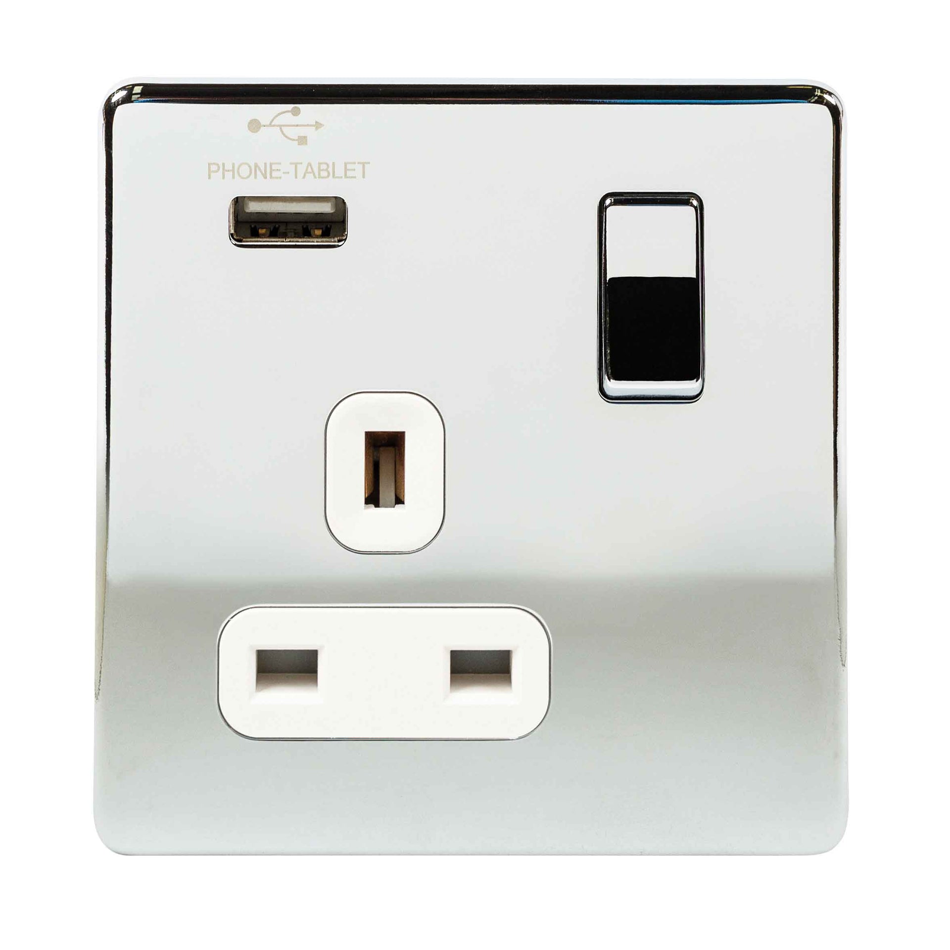 Niglon U-S131USB-PCW 1 Gang 13A 2.1A Switched USB Socket Polished Chrome White Insert