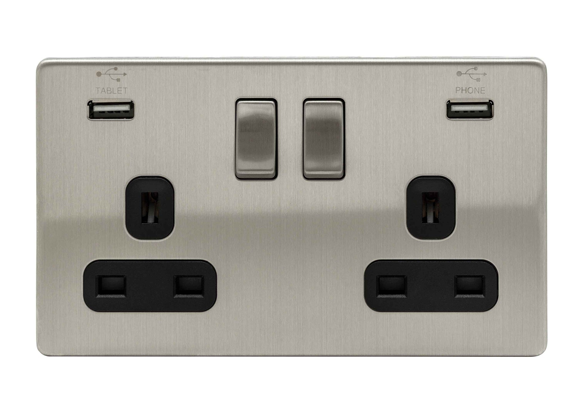 Niglon U-S132USB-BC 2 Gang 13A 3.1A Switched USB Socket Brushed Chrome Black Insert