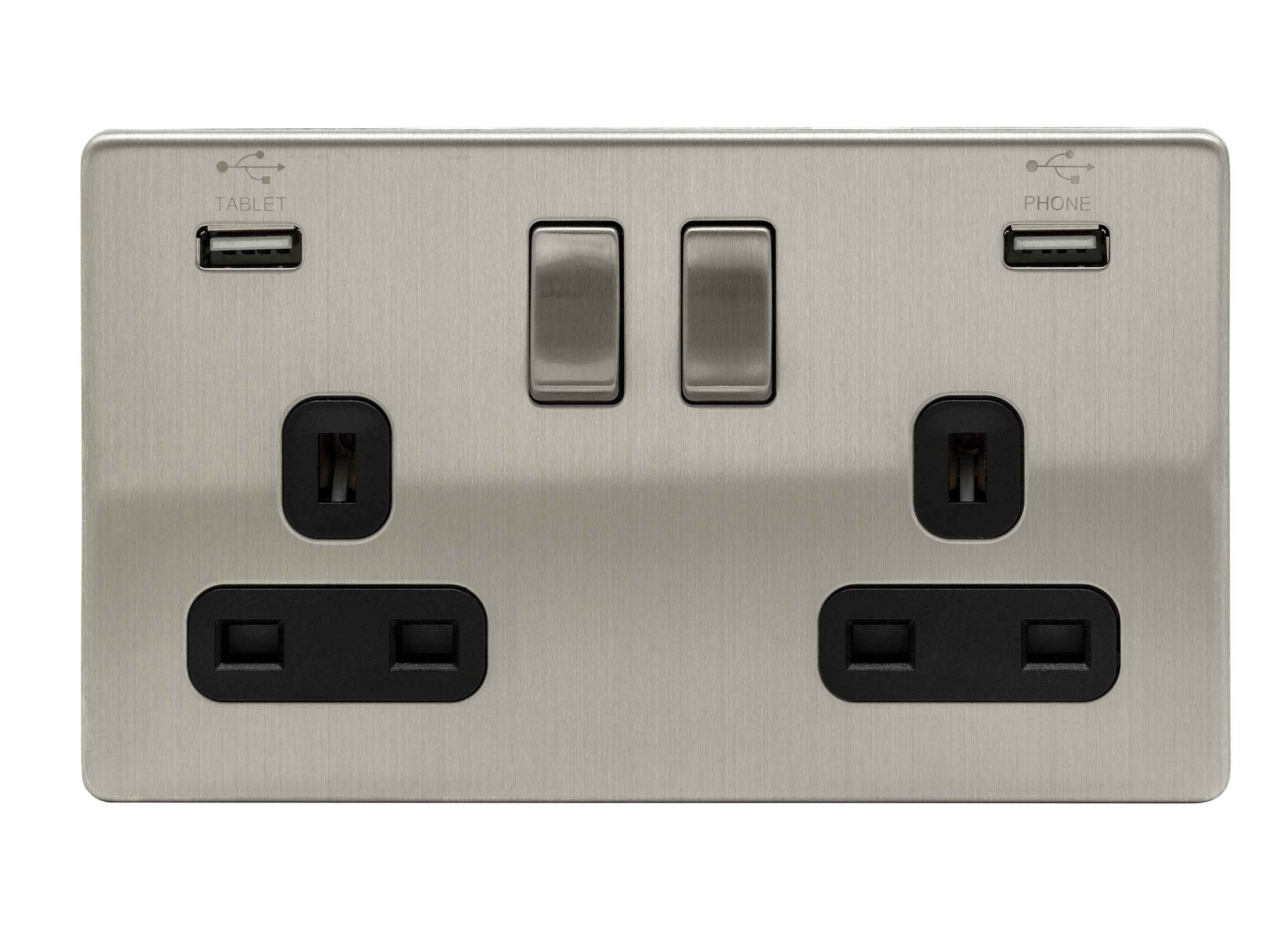 Niglon U-S132USB-BC 2 Gang 13A 3.1A Switched USB Socket Brushed Chrome Black Insert