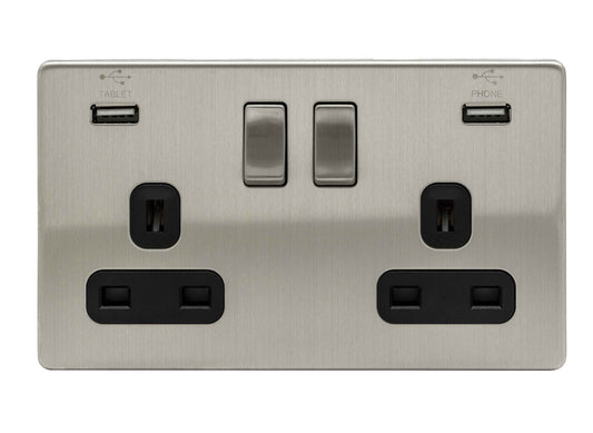 Niglon U-S132USB-BC 2 Gang 13A 3.1A Switched USB Socket Brushed Chrome Black Insert