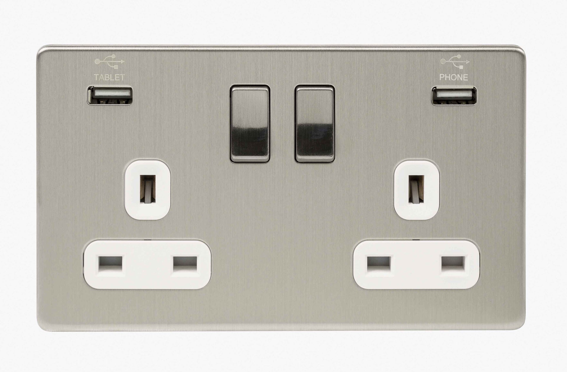 Niglon U-S132USB-BCW 2 Gang 13A 3.1A Switched USB Socket Brushed Chrome White Insert