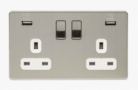 Niglon U-S132USB-BCW 2 Gang 13A 3.1A Switched USB Socket Brushed Chrome White Insert