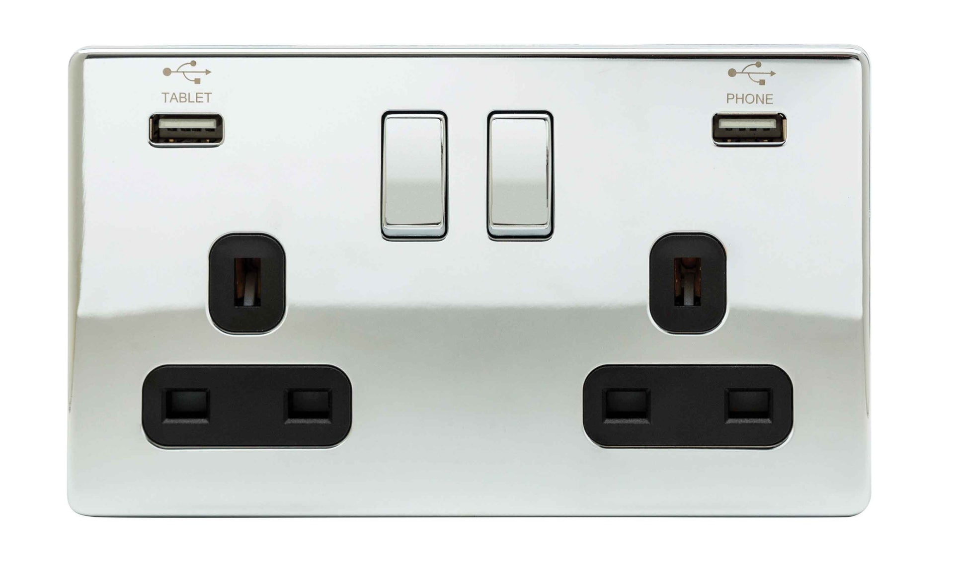 Niglon U-S132USB-PC 2 Gang 13A 3.1A Switched USB Socket Polished Chrome Black Insert