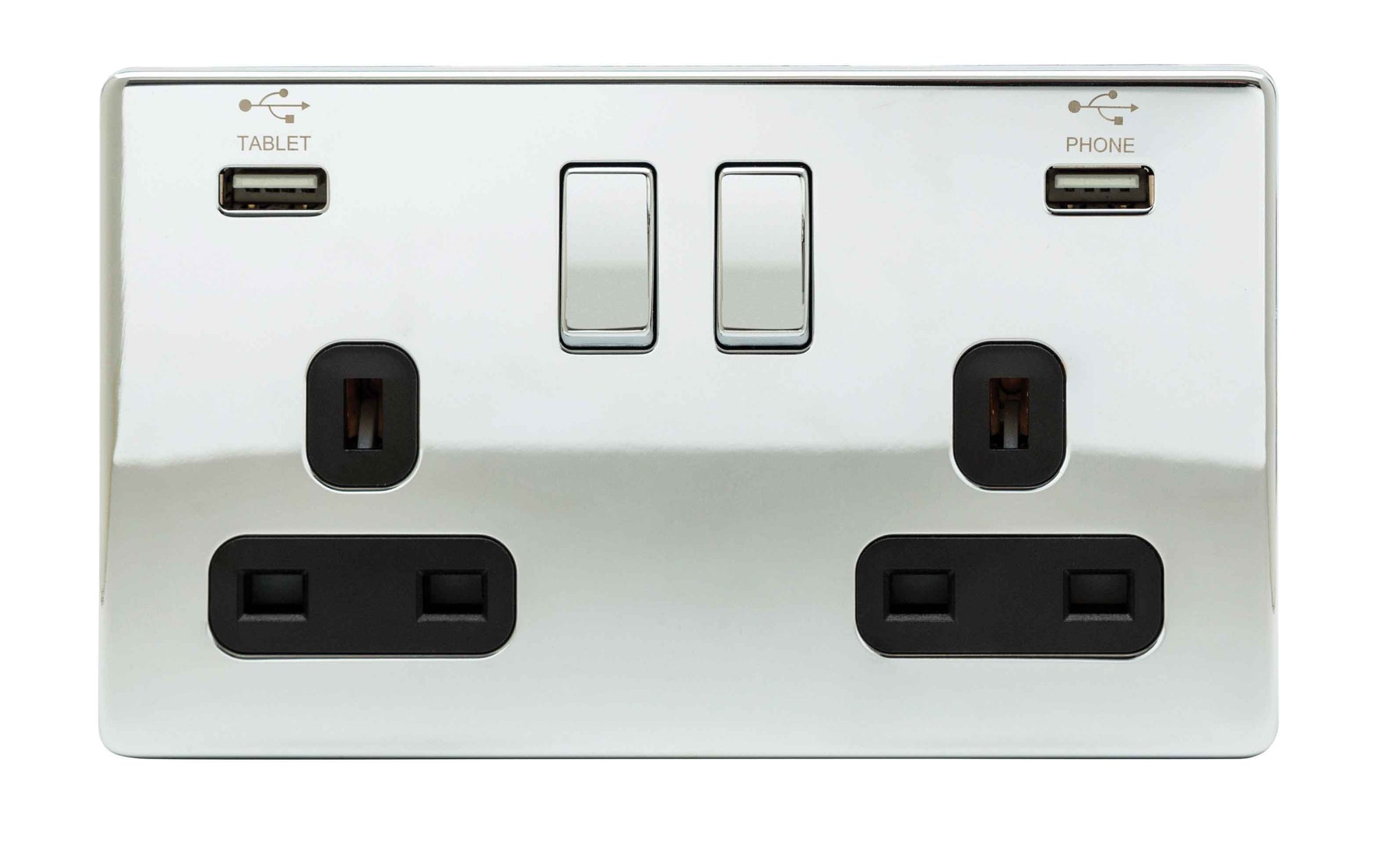 Niglon U-S132USB-PC 2 Gang 13A 3.1A Switched USB Socket Polished Chrome Black Insert