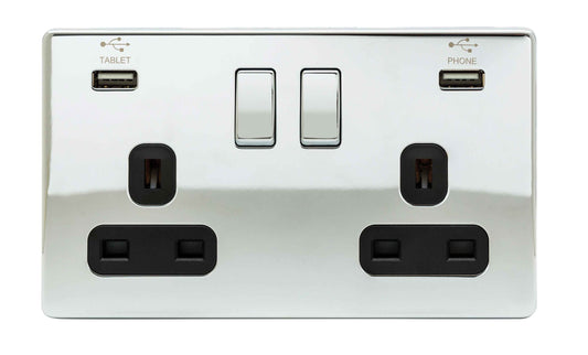 Niglon U-S132USB-PC 2 Gang 13A 3.1A Switched USB Socket Polished Chrome Black Insert