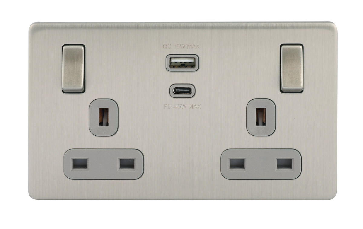 Niglon U-S132USB45-BCG 2 Gang 13A 45W Switched USB Socket Brushed Chrome Grey Insert