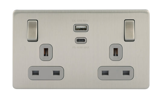 Niglon U-S132USB45-BCG 2 Gang 13A 45W Switched USB Socket Brushed Chrome Grey Insert