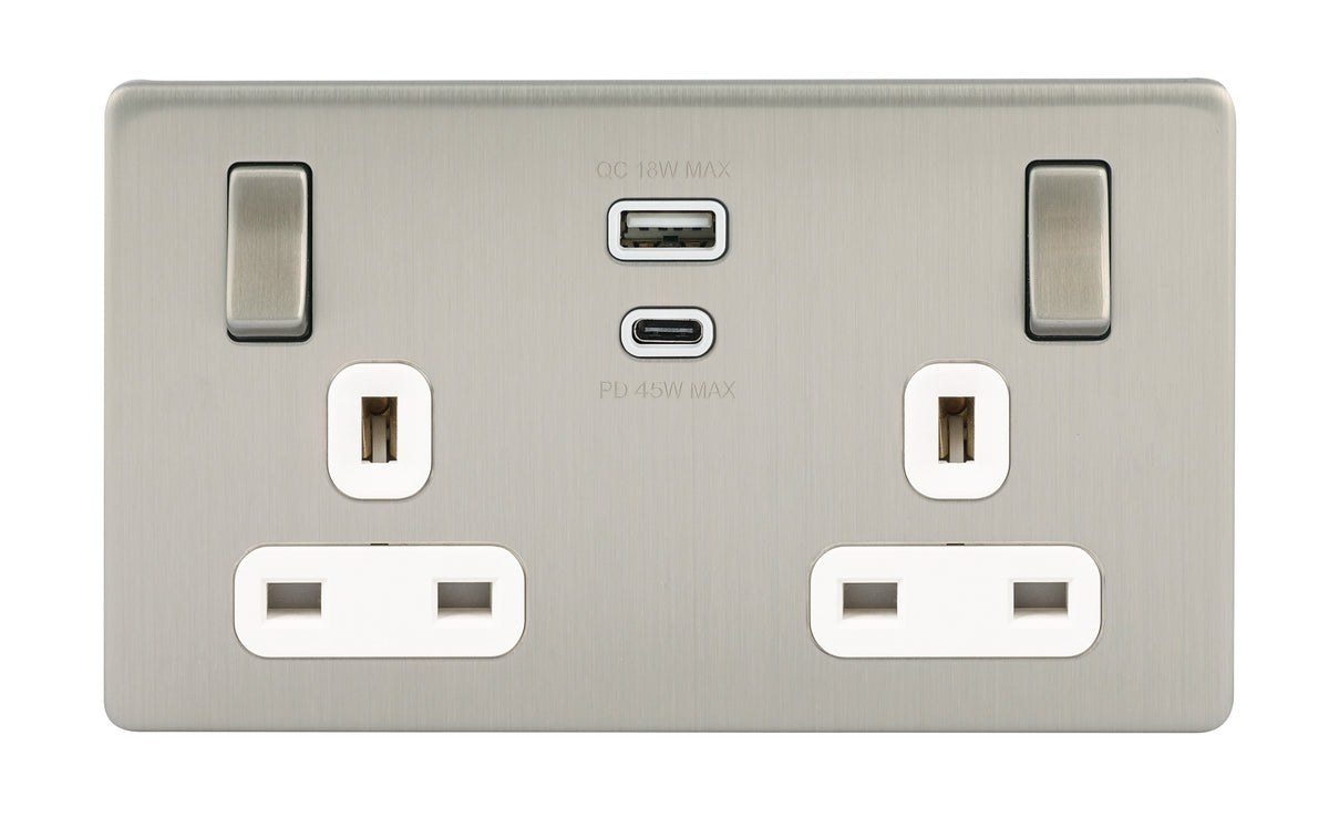 Niglon U-S132USB45-BCW 2 Gang 13A 45W Switched USB Socket Brushed Chrome White Insert