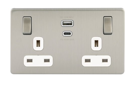 Niglon U-S132USB45-BCW 2 Gang 13A 45W Switched USB Socket Brushed Chrome White Insert